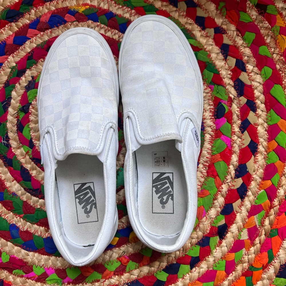 Vans White Checkered Slip On